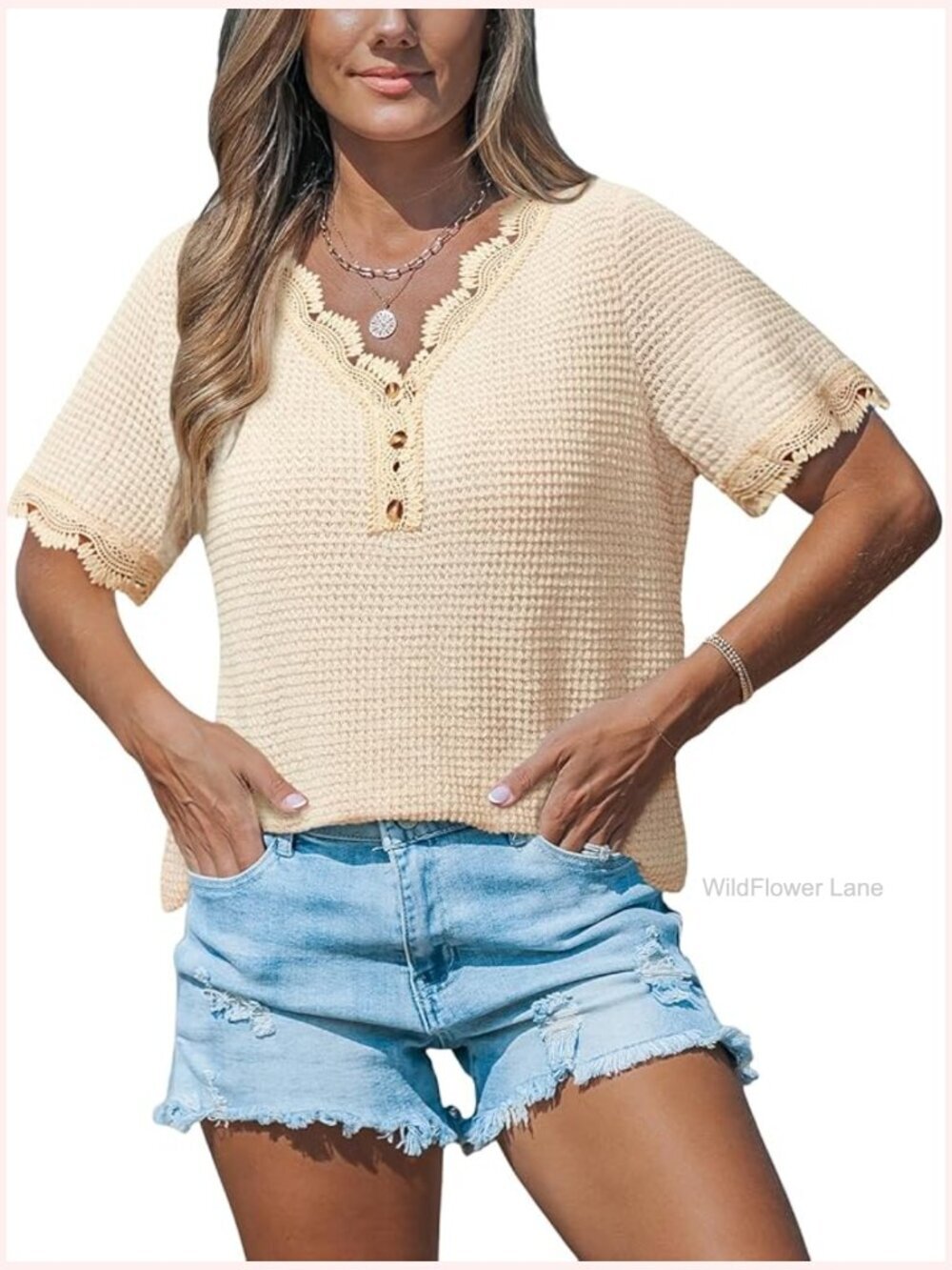 Waffle Knit V-Neck Blouse with Lace Trim Button Down Short Sleeve